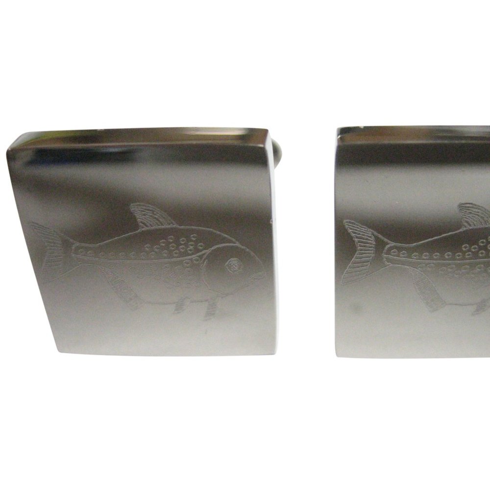 Silver Toned Square Etched Piranha Pirana Fish Cufflinks